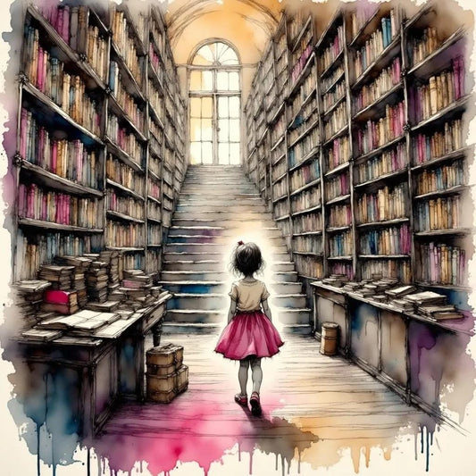 Little Girl in the Library Children's room Art -PNG Download to make Pictures, posters, T-shirts, Tumblers, Mugs