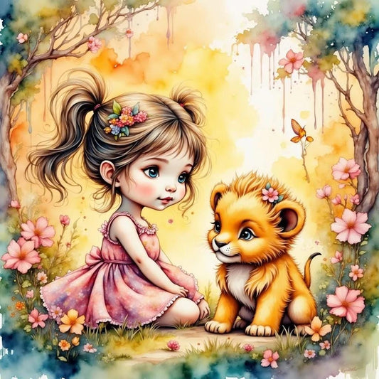 Little Girl and the Lion Cub Children's Room Art -PNG Download to make Pictures, posters, T-shirts, Tumblers, Mugs