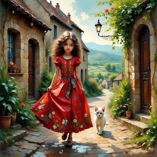 Girl in a Red Dress with Her Cat Children's Room Art -PNG Download to make Pictures, posters, T-shirts, Tumblers, Mugs