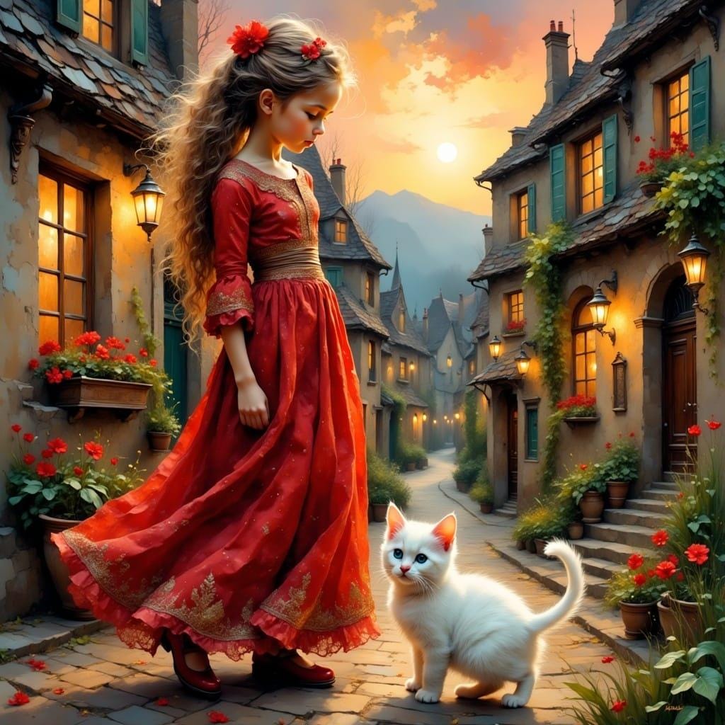 Girl in a Red Dress with Her Cat Children's Room Art -PNG Download to make Pictures, posters, T-shirts, Tumblers, Mugs