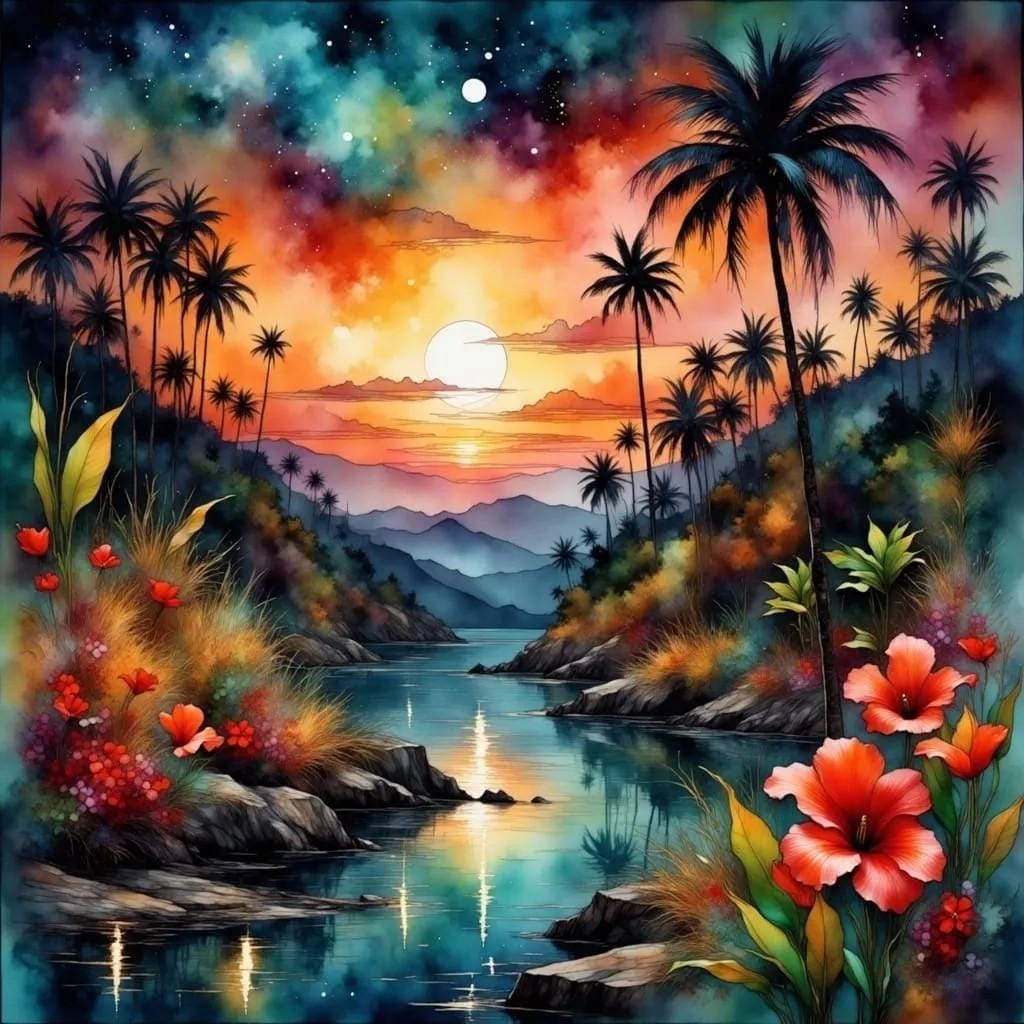 Sunset in the Tropics Art -PNG Download to make Pictures, posters, T-shirts, Tumblers, Mugs