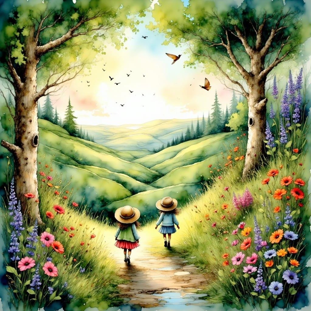 Little Kids on a Path Children's Room Art -PNG Download to make Pictures, posters, T-shirts, Tumblers, Mugs