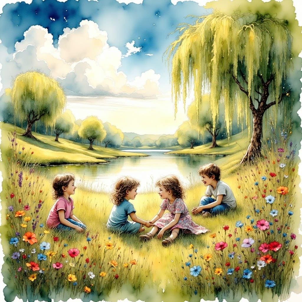 Children in a Field Children's Room Art -PNG Download to make Pictures, posters, T-shirts, Tumblers, Mugs