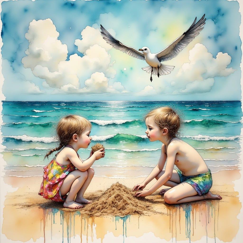 Kids at the Beach Children's Room Art -PNG Download to make Pictures, posters, T-shirts, Tumblers, Mugs