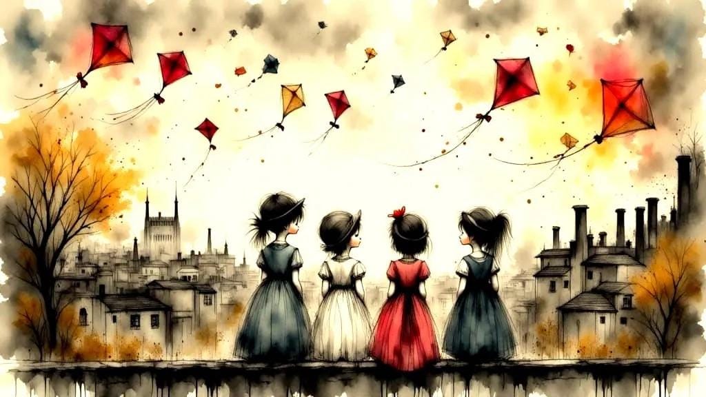 Girls Watching the Kites Children's Room Art -PNG Download to make Pictures, posters, T-shirts, Tumblers, Mugs