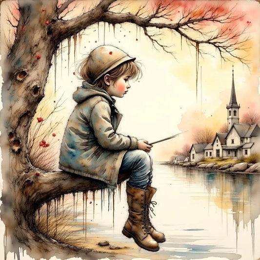 Boy Fishing from a Tree Children's Room Art -PNG Download to make Pictures, posters, T-shirts, Tumblers, Mugs