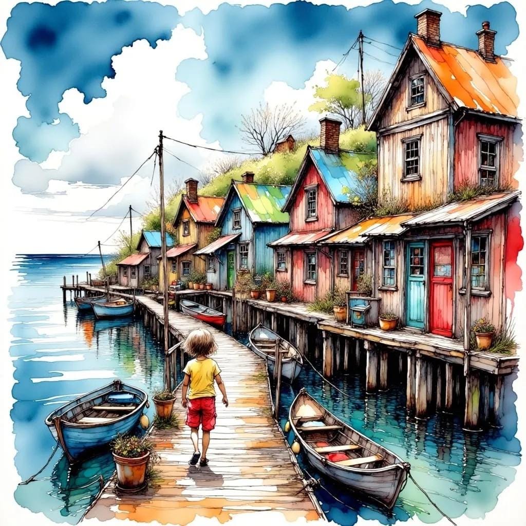 Boy on a Pier Children's Room Art -PNG Download to make Pictures, posters, T-shirts, Tumblers, Mugs