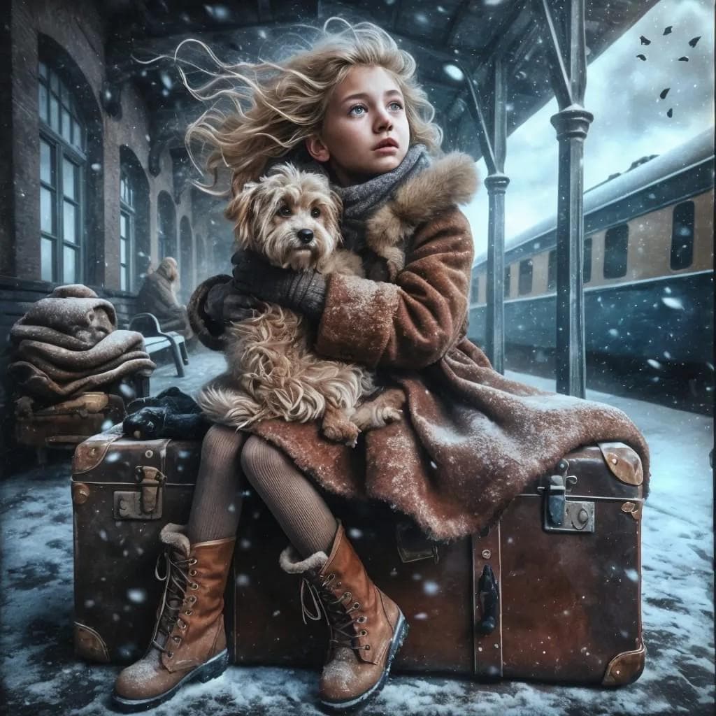 Girl at the Train station with her Dog Children's Room Art -PNG Download to make Pictures, posters, T-shirts, Tumblers, Mugs