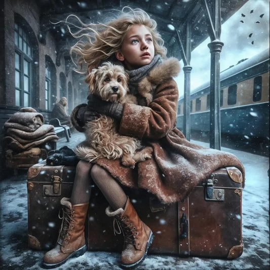 Girl at the Train station with her Dog Children's Room Art -PNG Download to make Pictures, posters, T-shirts, Tumblers, Mugs