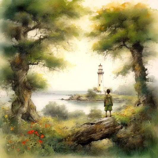 Boy Looking at the Lighthouse Children's Room Art -PNG Download to make Pictures, posters, T-shirts, Tumblers, Mugs