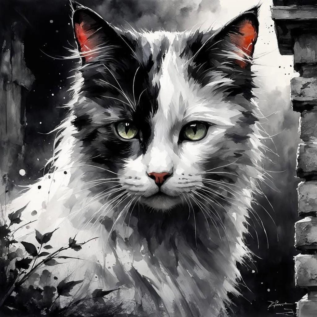 Black and White Cat, Animal Art -PNG Download to make Pictures, posters, T-shirts, Tumblers, Mugs