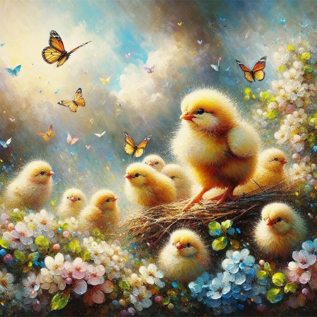 Baby Chicks and Butterflys, Animal Art -PNG Digital Download to make Pictures, posters, T-shirts, Tumblers, Mugs